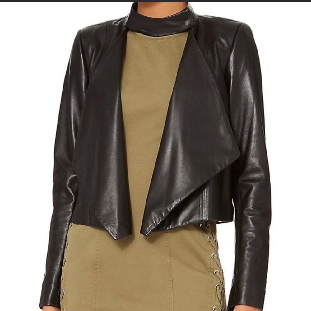Intermix Black Cropped Drape Front Neck Tab Soft Lightweight Leather Jacket XS